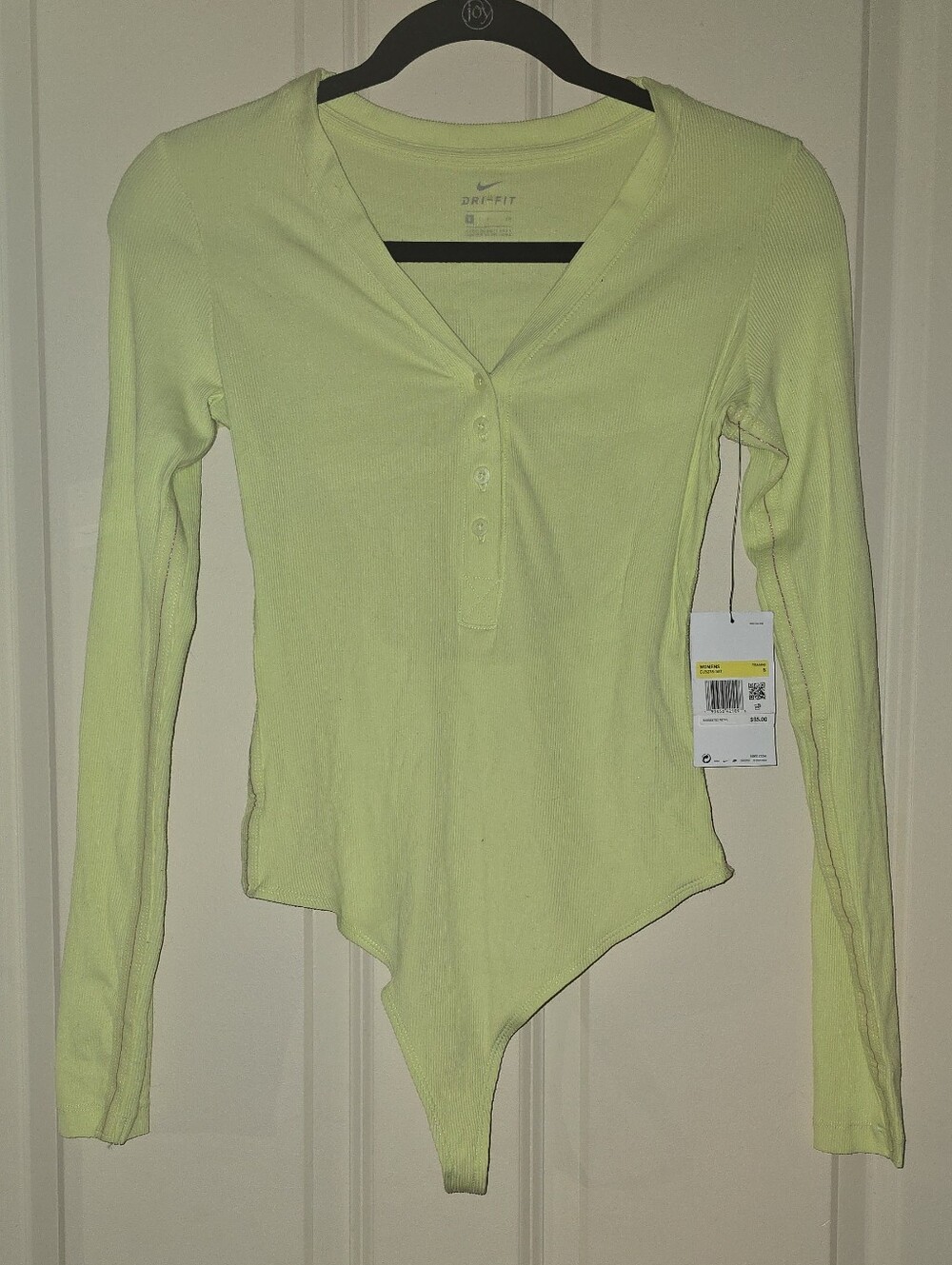Nike Yellow-Green Long Sleeve Ribbed Bodysuit with Back Cut-out